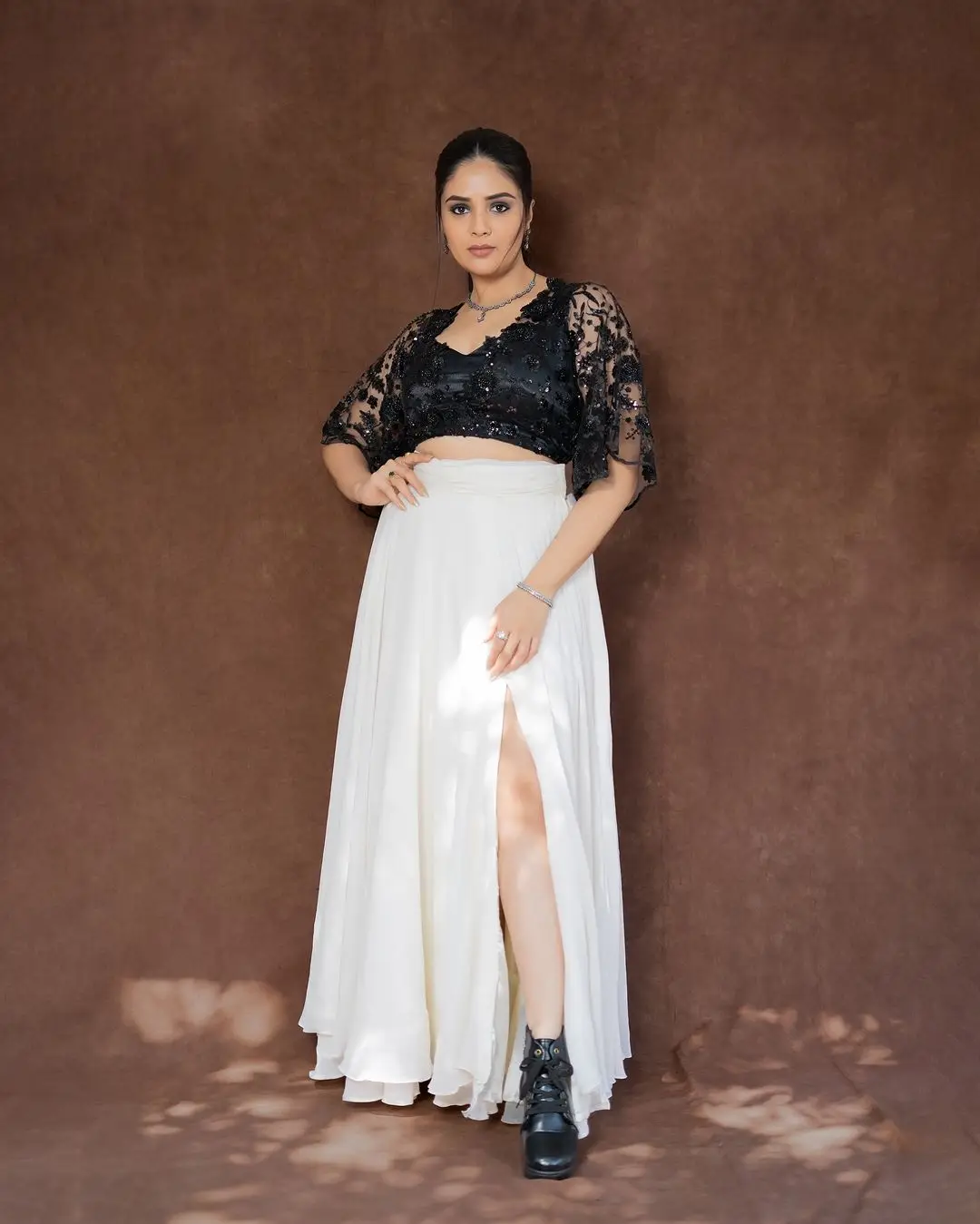 Maa TV Anchor Sreemukhi in White Lehenga Black Choli